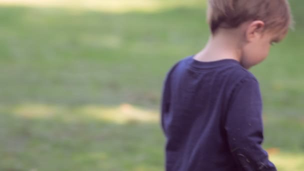 Mignon petit blond garçon sur herbe tournant pour regarder caméra au ralenti . — Video