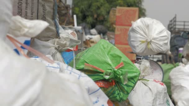 Bolsas de reciclaje en primer plano mientras la gente sigue trayendo más — Vídeos de Stock