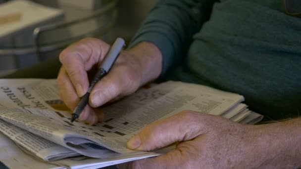 Mano sostenida de un anciano llenando un crucigrama con una pluma — Vídeos de Stock