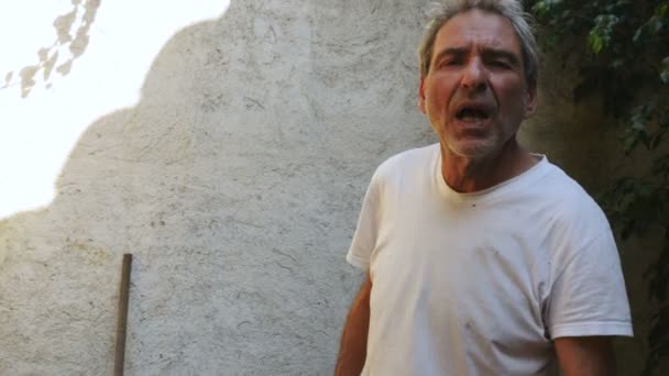 Um homem mais velho fala com a câmera e remove uma pizza de um forno de tijolo — Vídeo de Stock