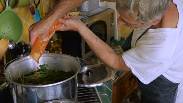 Un anziano cuoco aggiunge paprika da un sacchetto di plastica a una pentola di zuppa di pollo — Video Stock