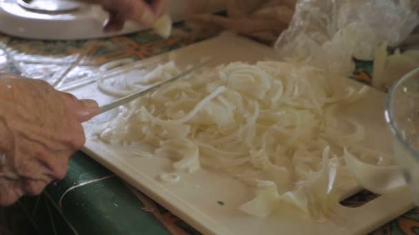 Movimiento lento de un hombre cortando cebollas con un cuchillo — Vídeos de Stock