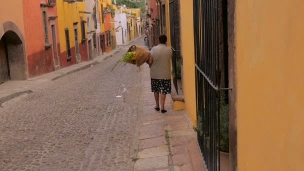 Uma mulher caminha pelas ruas de San Miguel de Allende com flores em câmara lenta — Vídeo de Stock