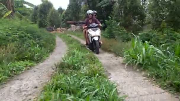 Опытный мотоциклист в горах и джунглях Бали — стоковое видео