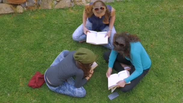 Overhead de três meninas adolescentes lendo livros sobre a grama verde em slowmo — Vídeo de Stock