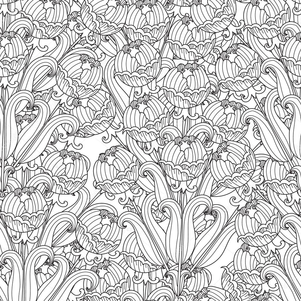 Fiore di schizzo in bianco e nero Fiori decorativi di vettore senza soluzione di continuit  Modello per disegni da colorare per adulti