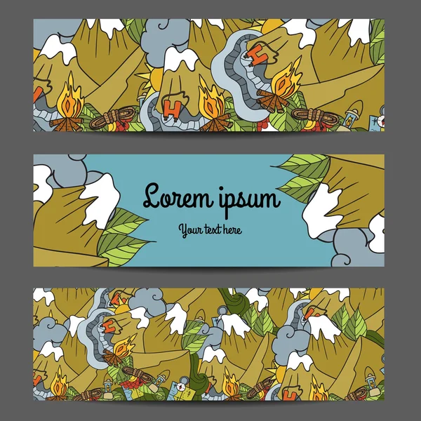 Three vector banners with Recreation. Tourism and camping in doodle style.
