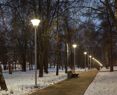 Kışın kentsel akşam aydınlatma. 