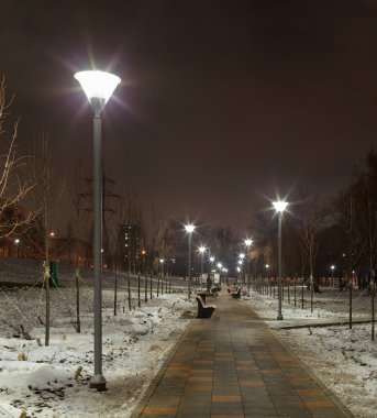 Kışın kentsel akşam aydınlatma. 