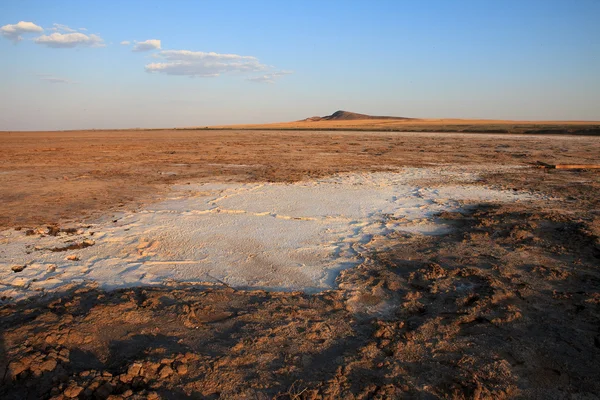Skorupa soli na powierzchni pustyni i Samotna Góra. — Zdjęcie stockowe