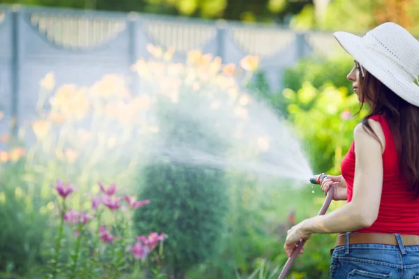 Watering  with a hose,  gardening concept — Stock Photo, Image