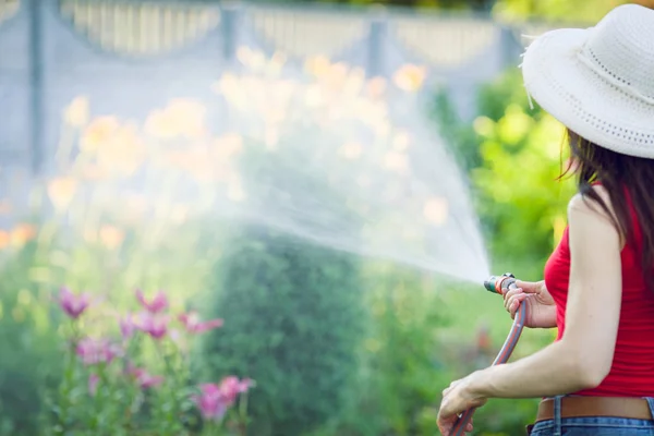 Riego con manguera, concepto de jardinería —  Fotos de Stock