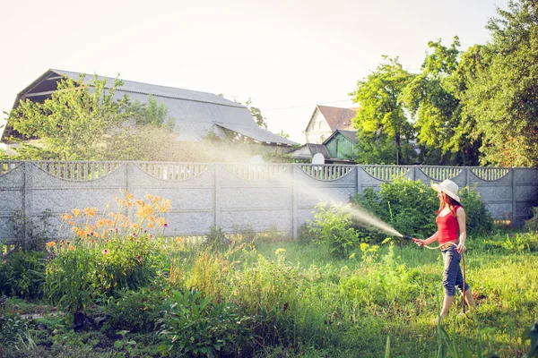 Riego con manguera, concepto de jardinería — Foto de Stock