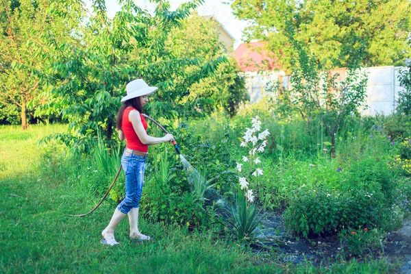 Arrosage avec un tuyau, concept de jardinage — Photo