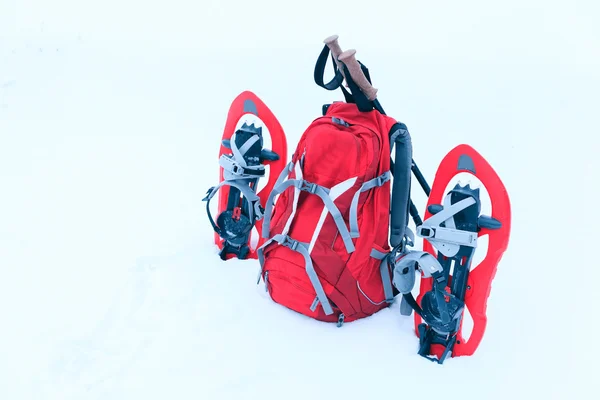 Caminhadas de inverno nas montanhas em sapatos de neve — Fotografia de Stock