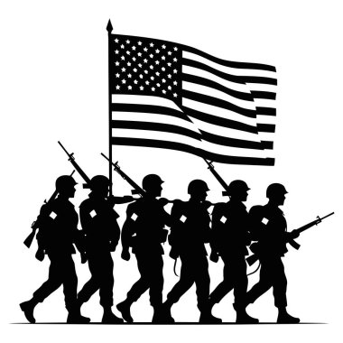 ABD bayrağıyla yürüyen güçlü asker silueti, askeri temalı projeler ve anılar için vatanseverlik ve anma töreni düzenliyor