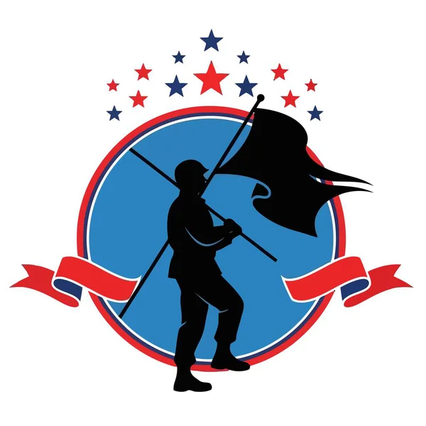 Bir askerin güçlü silueti gururla elinde bir bayrak tutarken vatansever yıldızlarla süslenmiş bir bayrak Gazi kutlamaları ve anma törenleri için harika bir tasarım.