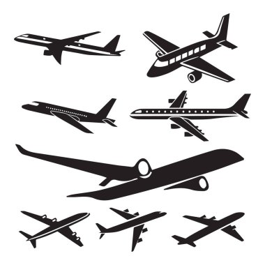 Havacılık projeleri, seyahat promosyonları veya tasarım aksanları için mükemmel tek renkli uçak simgeleri. Bu çok yönlü şekillerle yaratıcılığınıza modern bir dokunuş ekleyin.