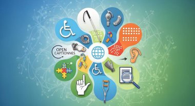 Çeşitli engelleri ve erişilebilirlik yardımlarını temsil eden, çeşitli ihtiyaçları olan insanlar için kapsayıcılık ve farkındalığı teşvik eden canlı bir illüstrasyon.