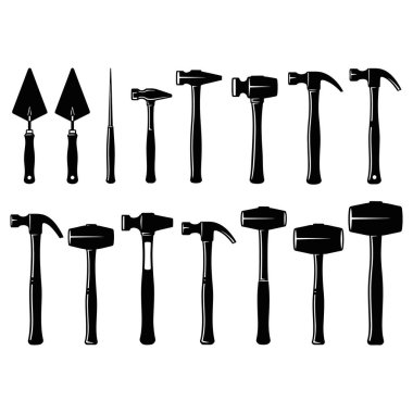 Çekiç ve malaların kullanıldığı temel yapı aletleri koleksiyonu. DIY projeleri, profesyonel inşaatçılar ve ev geliştirme meraklıları için mükemmel. Modern, basit tasarım.