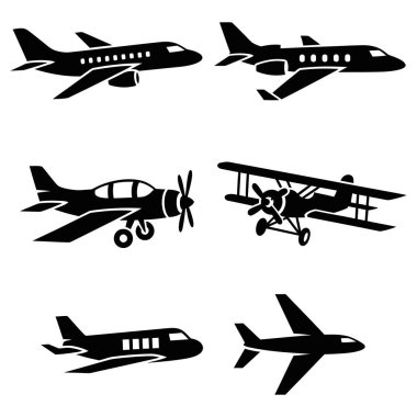 Siluetli uçaklar seyahat, macera ve uçmanın heyecanını çağrıştırıyor. Havacılık meraklıları, seyahat acenteleri ve modern tasarım projeleri için mükemmel. Sıradanlığın üstünde süzül.