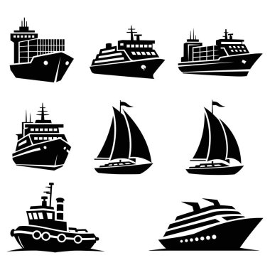 Denizcilik teması için ideal, çok yönlü bir gemi silueti koleksiyonu keşfedin. Bu gemileri bir sonraki deniz tasarımı veya seyahatle ilgili projeniz için kullanın.