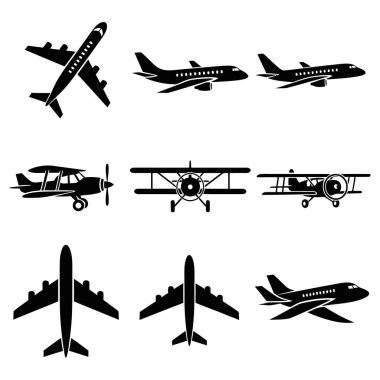 Tasarımlarınızı bu gösterişli uçak siluetleriyle yükseltin. Havacılık, seyahat ve modern ulaşım projeleri için mükemmel. Şık ve sofistike bir şekilde havalan..