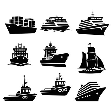 Bu çok yönlü gemi silueti koleksiyonuyla açık denizleri keşfedin. Ulaşım, seyahat veya deniz temalı tasarımlar ve çok çeşitli ticari projeler için ideal.