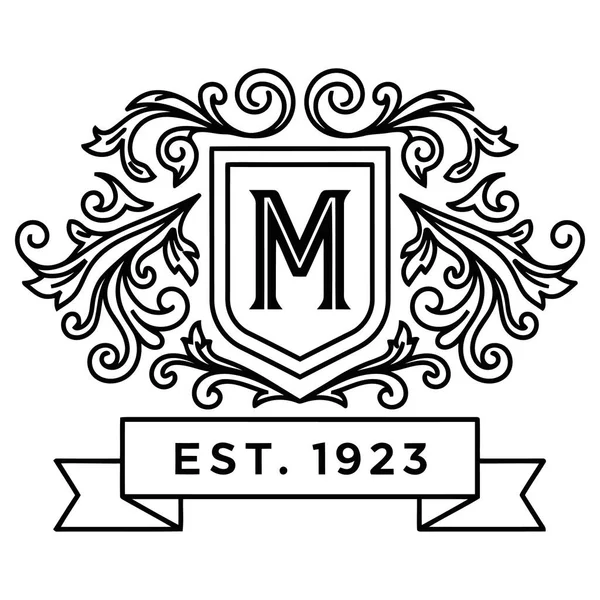 Baş harfleri M ve Çiçek Süslemesi olan Vintage Crest, Tarihi Logo Tasarımı, Dekoratif Monogram