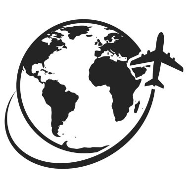 Global Travel by Air: World with Airplane Flying Around Icon Illustration