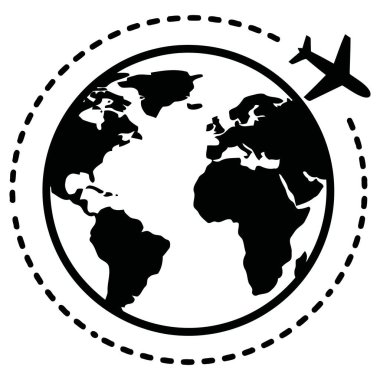 Uçaklı Dünya Seyahat Simgesi ve Siyah ve Beyaz Noktalı Uçuş Yolu