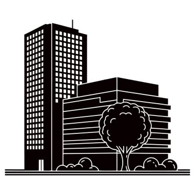 Modern Şehir Manzarası Silueti: Minimalist Siyah ve Beyaz Gökdelenli Şehir Sahnesi