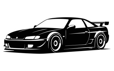 Siyah spor araba vektör çizimi, Japon coupe silueti, akort edilmiş yarış aracı tasarımı