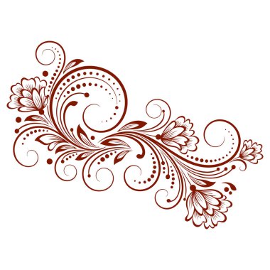 Çiçekli Flourish Vektör Elemanı: Dekoratif Kahverengi Girdap ve Beyaz Arkaplanda Çiçekler