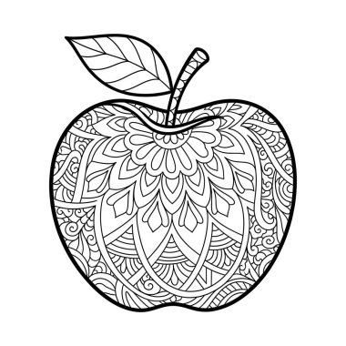 Apple Mandala Vektör İllüstrasyonu, Renk Kitapları için Siyah ve Beyaz Satır Sanatı