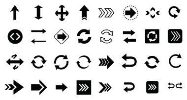 Kullanıcı arayüzü tasarımı ve dijital grafik projeleri için temel yön ve navigasyon sembolleri sağlayan çok yönlü siyah ok simgesi seti.