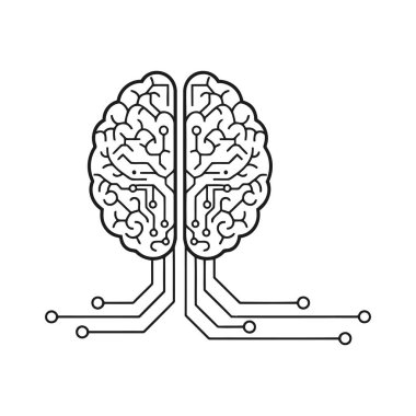Yapay zekayı, makine öğrenmesini ve gelişmiş dijital teknolojiyi sembolize eden entegre devre kartı elemanlarına sahip bir insan beyninin vektör ana hatları simgesi.