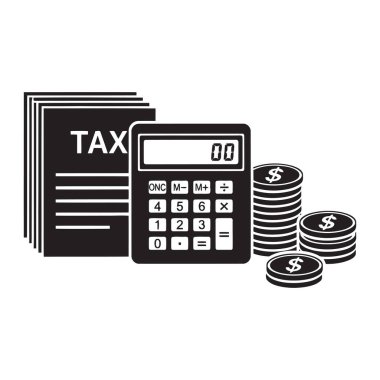 Vergi belgelerinin vektör çizimi, bir hesap makinesi ve yığınla bozuk para. Finansal planlama, muhasebe, gelir vergisi hazırlama ve iş bütçesi kavramları için mükemmel.