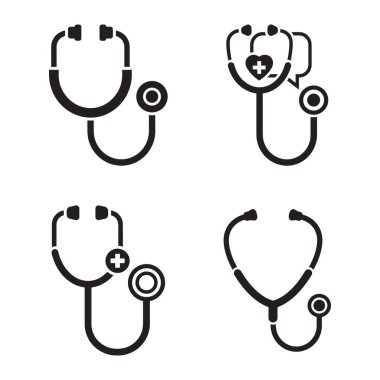 Dört düz dizayn steteskop simgesi siyah, tıbbi teşhisi, sağlık hizmetlerini ve kalp ve çapraz sembollü sağlık hizmetlerini temsil ediyor..