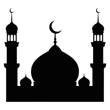 Belirgin bir kubbe, iki minare ve hilal ay sembollerinin yer aldığı çarpıcı siyah bir cami silueti. İslami, kültürel ve dini tasarım temaları için ideal.