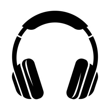 A simple, black graphic illustration of a pair of over-the-ear headphones against a plain white backdrop.