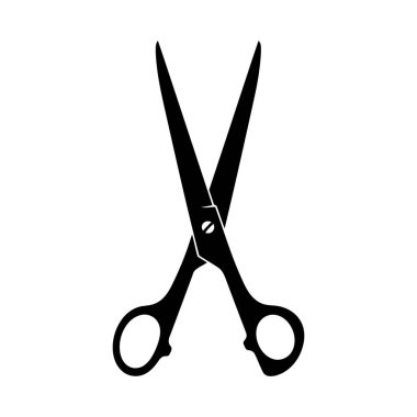 Sivri uçlu ve yuvarlak saplı düz beyaz arka plan üzerine kurulmuş bir makasın basit siyah silüeti..