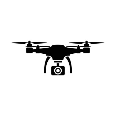 Altında dört pervaneli bir kamera olan siyah bir dron, beyaz bir arka plana karşı..