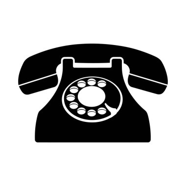 Beyaz çizgili klasik bir döner telefonun basit siyah silueti, düz beyaz arka plan üzerine kuruludur..