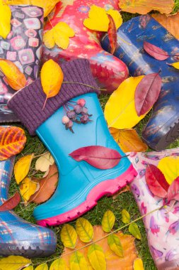 Yeşil çimlerin üzerinde sarı ve kırmızı sonbahar yapraklarıyla çocuk lastik botlarının yakın çekimi. Şablon çizmeler çocuk yürüyüşlerini ve yağmurlu havalarda boş vakitleri sembolize eder.