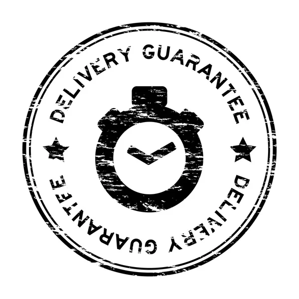 Grunge black delivery guarantee with clock icon rubber stamp — Stock Vector