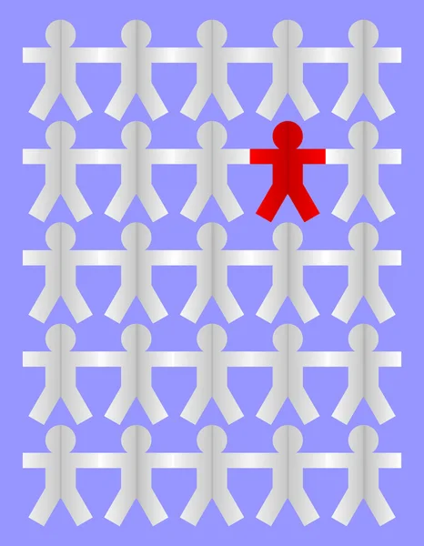 Червоний чоловік папір вирізав різницю від іншої білої групи на блідо-блакитному — стоковий вектор