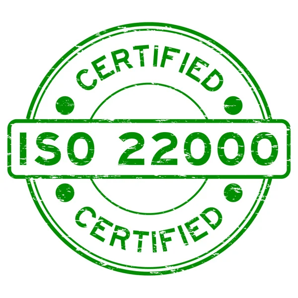 Grunge green round certified ISO22000 rubber stamp — Stock Vector