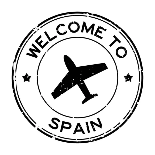 Grunge Μαύρο Καλωσόρισμα Στην Ισπανία Λέξη Αεροπλάνο Εικονίδιο Στρογγυλό Καουτσούκ — Διανυσματικό Αρχείο