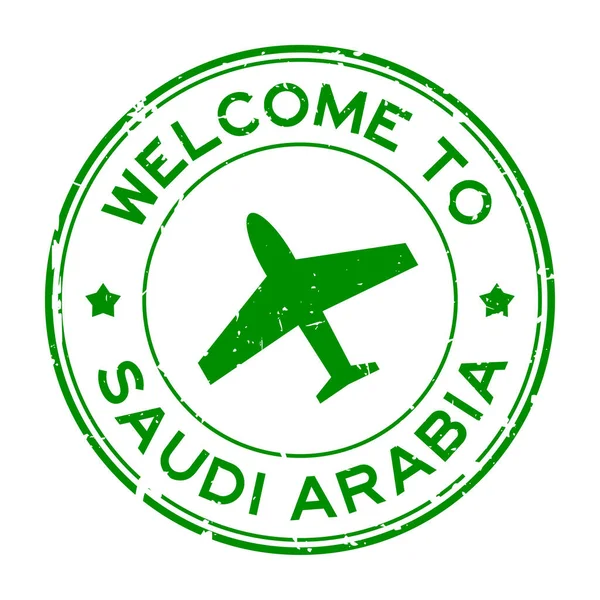 Grunge Green Welcome Saudi Arabia Word Airplane Icon Rubber Штамп — стоковий вектор